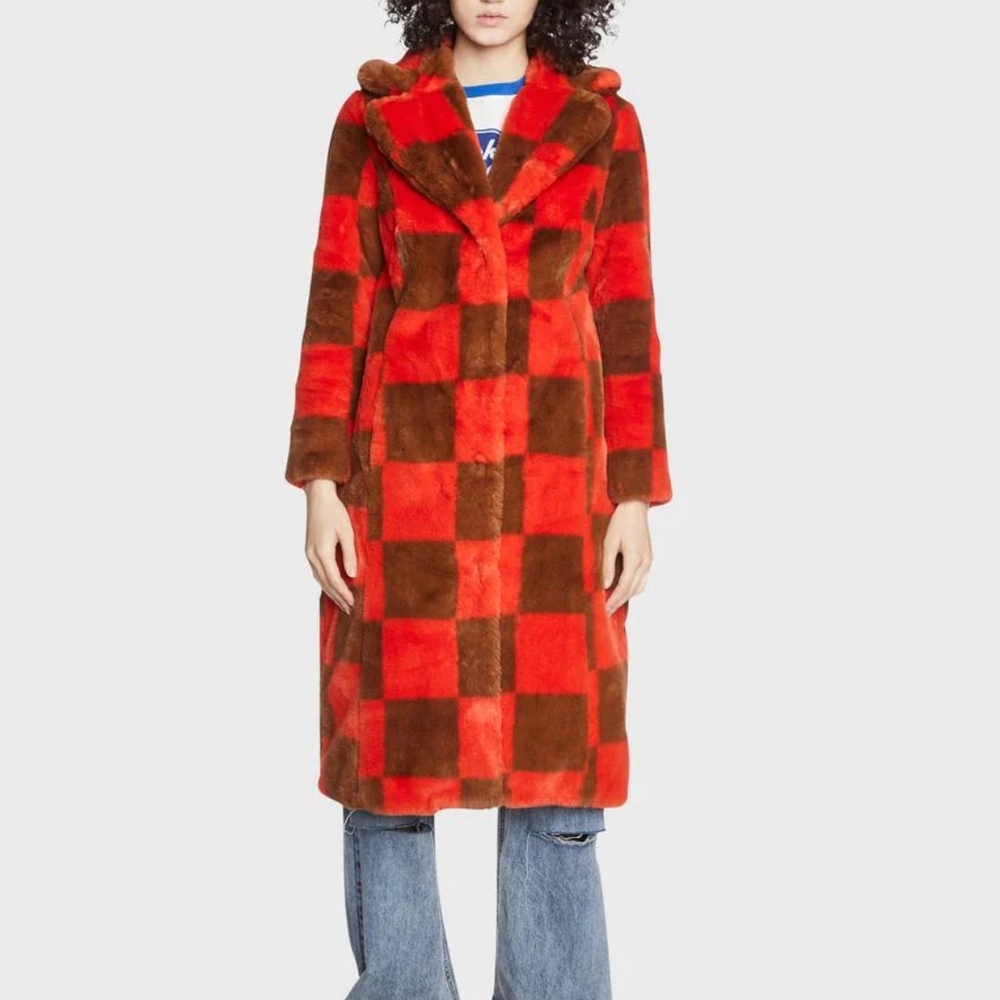 Girlfriend Material Checkered Faux Fur Coat
